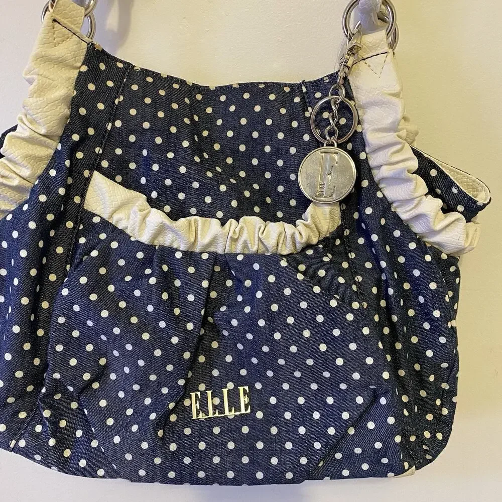Elle Purse Shoulder Bag Hobo Bohemian NavyBlue Polka Dots White FauxLeather Y2K - Picture 2 of 7